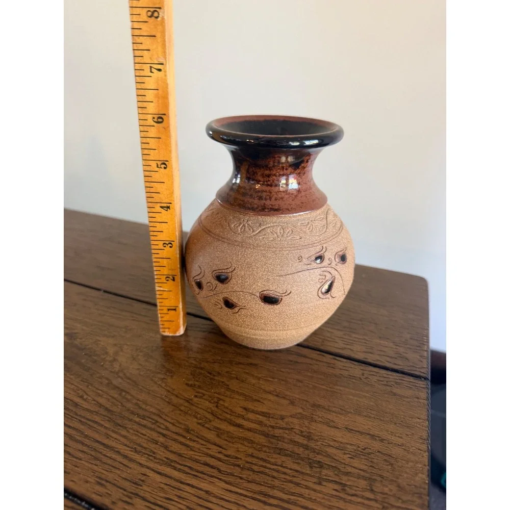 Vintage Pottery Vase Small Brown Tan Good Etched Floral Stoneware Studio Signed